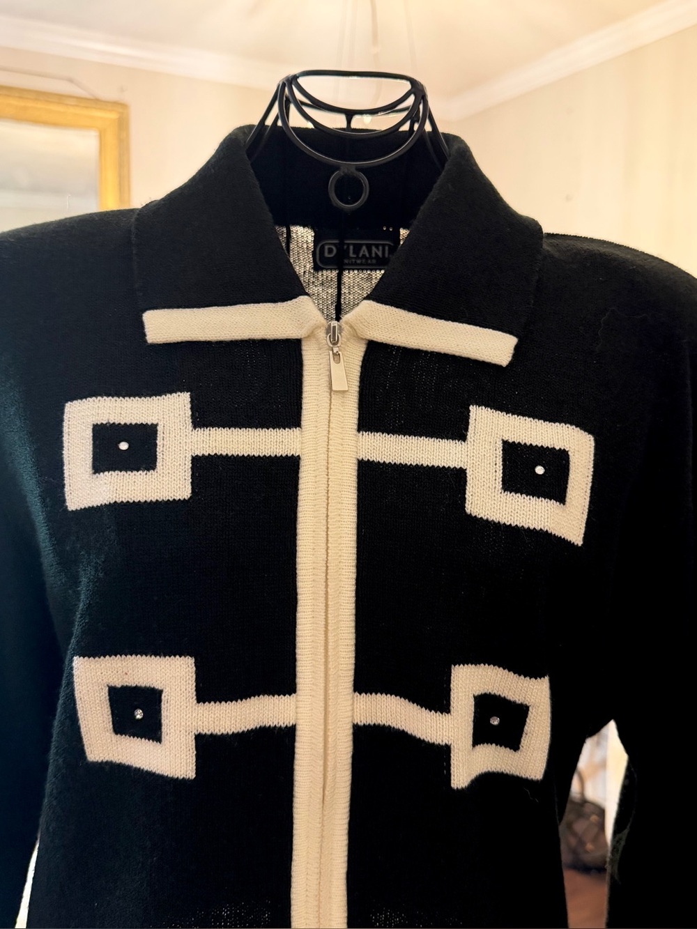 Dylani Black Knit Zip-Up Jacket with Cream Geometric Trim